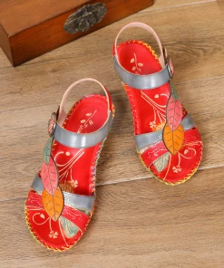RXD SOFFIA | Red Floral Leaf Applique Genuine Leather Sandal NEW ARRIVALS