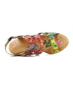 RXD NEW ARRIVALS SOFFIA | Genuine Leather Garden Print Swirl Heel Sandals - Red