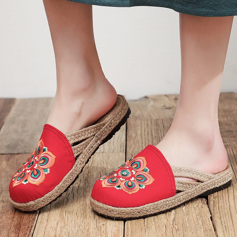 TC Shop Sandals Embroidered Lotus Side Strap Mules - Cactus Rose 16 TC Shop Sandals Embroidered Lotus Side Strap Mules - Cactus Rose