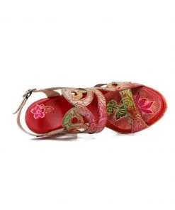 RXD New In Shoes SOFFIA | Genuine Leather Floral Embossed Cut Out Sandals - Red 10 RXD New In Shoes SOFFIA | Genuine Leather Floral Embossed Cut Out Sandals - Red