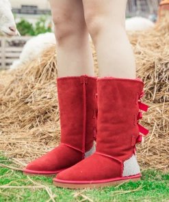 XH NEW ARRIVALS SMAIBULUN UGG™ | Back Rhinestone & Ribbon Triple Bow Tie Suede Boots - Red