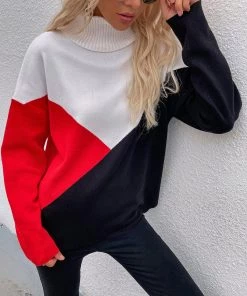 MY Smaibulun | DULCIE Red Color Block Turtleneck Knit Sweater