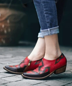 Genuine Leather Floral Embossed Oxford Shoes Heel Bootie Pumps - SOFFIA