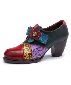 SOFFIA | Art Geometric Floral Appliqued Leather Mid Heel Ankle Boots Pumps