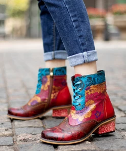 SOFFIA | Genuine Leather Rose Vs Plum Blossom Lace-Up Mid-heel Ankle Boots