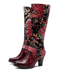 Genuine Leather Red Flower Color Block Leather Knight Knee Boots Heel Boots - Soffia
