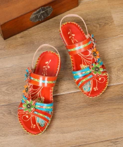RXD SOFFIA | Red Floral Applique Genuine Leather Low Heel Sandals