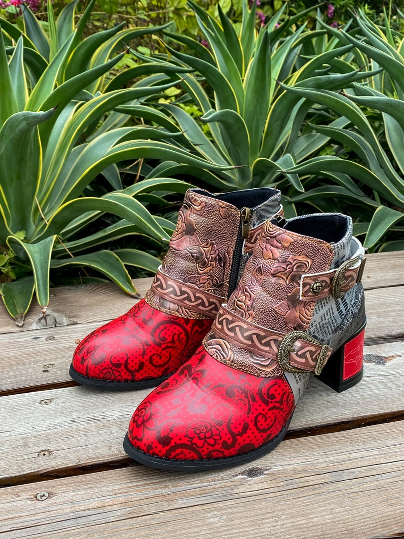 YL Embossed Triple-Flower Bootie Ankle Boots Heel Boots - En Bloom Shoes 6 YL Embossed Triple-Flower Bootie Ankle Boots Heel Boots - En Bloom Shoes