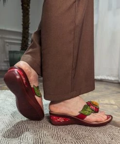 JF NEW ARRIVALS SOFFIA | Genuine Leather Plumeria Appliqued Flip Flop Low Heel Sandals - Red