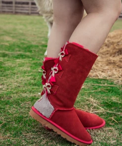 XH NEW ARRIVALS SMAIBULUN UGG™ | Back Rhinestone & Ribbon Triple Bow Tie Suede Boots - Red