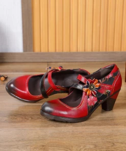 RXD SOFFIA | MILAS Side Flower Appliqued Red Leather Mary Jane