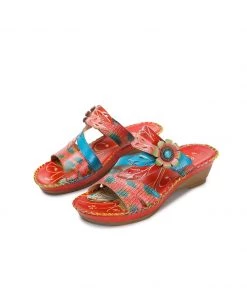 RXD SOFFIA | Red Floral Perforated Genuine Leather Slides