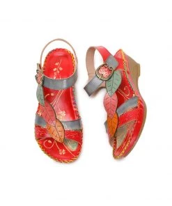 RXD SOFFIA | Red Floral Leaf Applique Genuine Leather Sandal NEW ARRIVALS