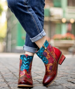 SOFFIA | Genuine Leather Rose Vs Plum Blossom Lace-Up Mid-heel Ankle Boots