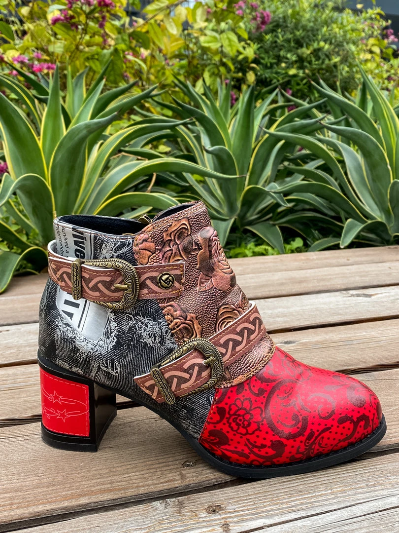 YL Embossed Triple-Flower Bootie Ankle Boots Heel Boots - En Bloom Shoes 7 YL Embossed Triple-Flower Bootie Ankle Boots Heel Boots - En Bloom Shoes