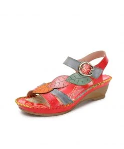 RXD SOFFIA | Red Floral Leaf Applique Genuine Leather Sandal NEW ARRIVALS