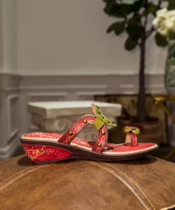 JF SOFFIA | Genuine Leather Daisy Ring Toe Cut Out Strap Leather Sandals Slides - Red NEW ARRIVALS