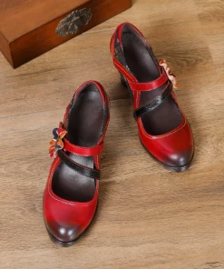 RXD SOFFIA | MILAS Side Flower Appliqued Red Leather Mary Jane