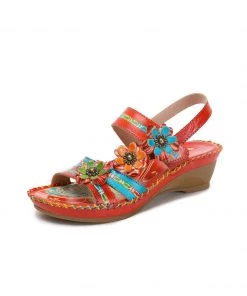 RXD SOFFIA | Red Floral Applique Genuine Leather Low Heel Sandals