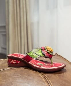 JF NEW ARRIVALS SOFFIA | Genuine Leather Plumeria Appliqued Flip Flop Low Heel Sandals - Red