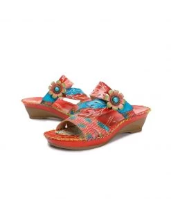 RXD SOFFIA | Red Floral Perforated Genuine Leather Slides