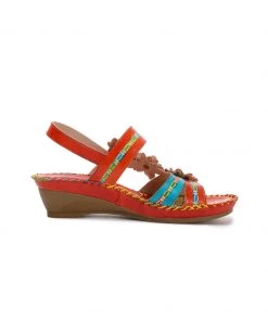 RXD SOFFIA | Red Floral Applique Genuine Leather Low Heel Sandals