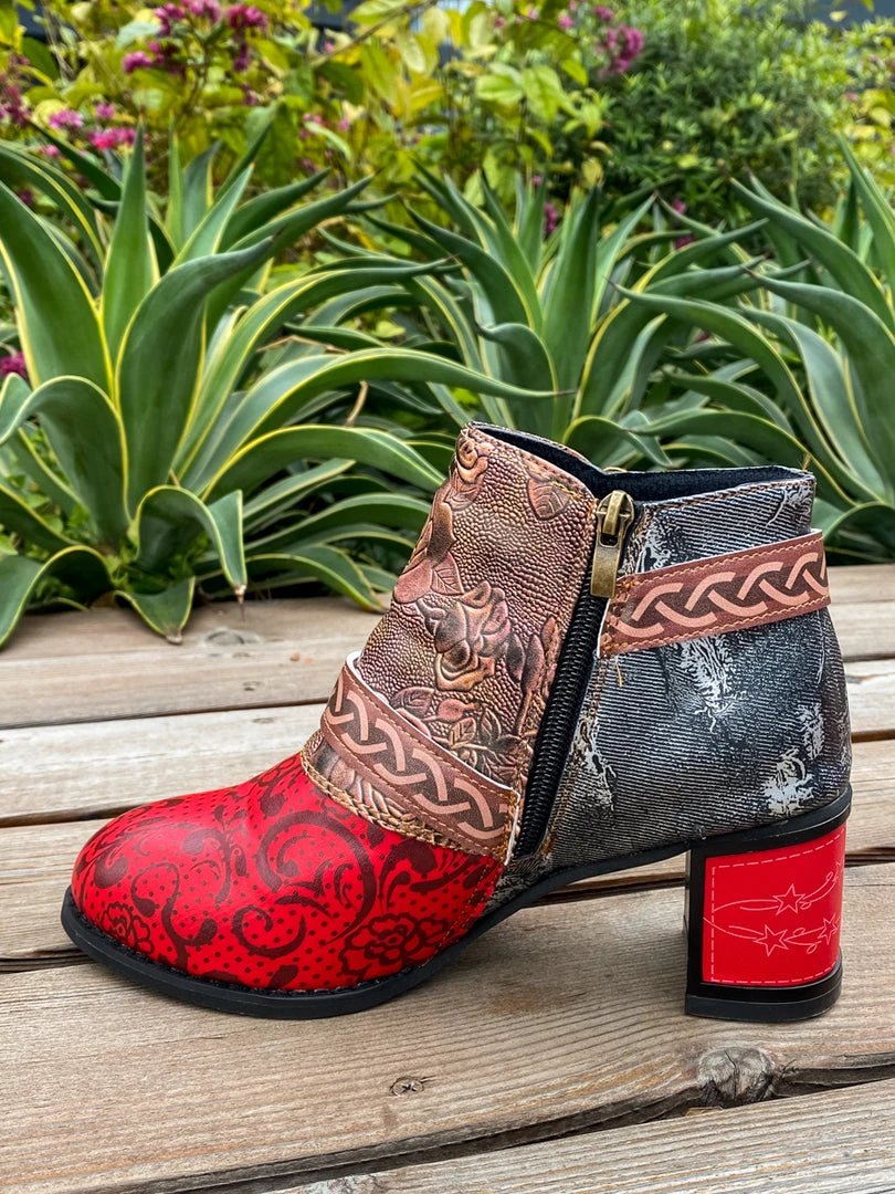 YL Embossed Triple-Flower Bootie Ankle Boots Heel Boots - En Bloom Shoes 8 YL Embossed Triple-Flower Bootie Ankle Boots Heel Boots - En Bloom Shoes