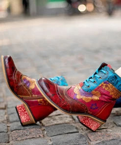 SOFFIA | Genuine Leather Rose Vs Plum Blossom Lace-Up Mid-heel Ankle Boots