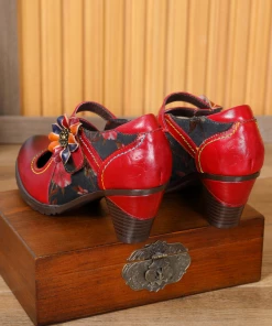 RXD SOFFIA | MILAS Side Flower Appliqued Red Leather Mary Jane