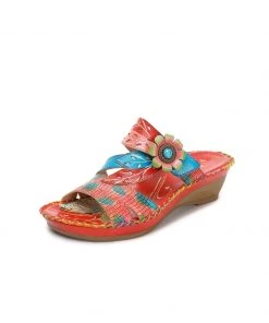 RXD SOFFIA | Red Floral Perforated Genuine Leather Slides