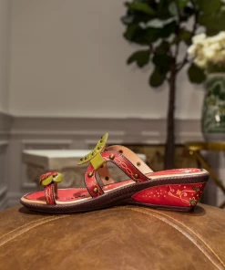 JF SOFFIA | Genuine Leather Daisy Ring Toe Cut Out Strap Leather Sandals Slides - Red NEW ARRIVALS