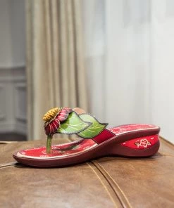 JF NEW ARRIVALS SOFFIA | Genuine Leather Plumeria Appliqued Flip Flop Low Heel Sandals - Red