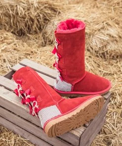 XH NEW ARRIVALS SMAIBULUN UGG™ | Back Rhinestone & Ribbon Triple Bow Tie Suede Boots - Red