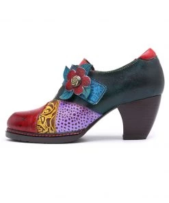 SOFFIA | Art Geometric Floral Appliqued Leather Mid Heel Ankle Boots Pumps
