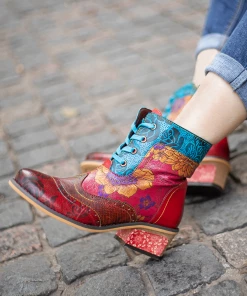 SOFFIA | Genuine Leather Rose Vs Plum Blossom Lace-Up Mid-heel Ankle Boots