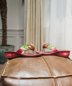 JF NEW ARRIVALS SOFFIA | Genuine Leather Plumeria Appliqued Flip Flop Low Heel Sandals - Red