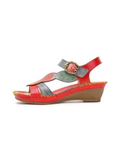 RXD SOFFIA | Red Floral Leaf Applique Genuine Leather Sandal NEW ARRIVALS