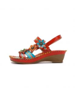 RXD SOFFIA | Red Floral Applique Genuine Leather Low Heel Sandals