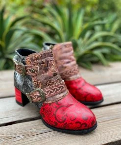 YL Embossed Triple-Flower Bootie Ankle Boots Heel Boots - En Bloom Shoes 18 YL Embossed Triple-Flower Bootie Ankle Boots Heel Boots - En Bloom Shoes