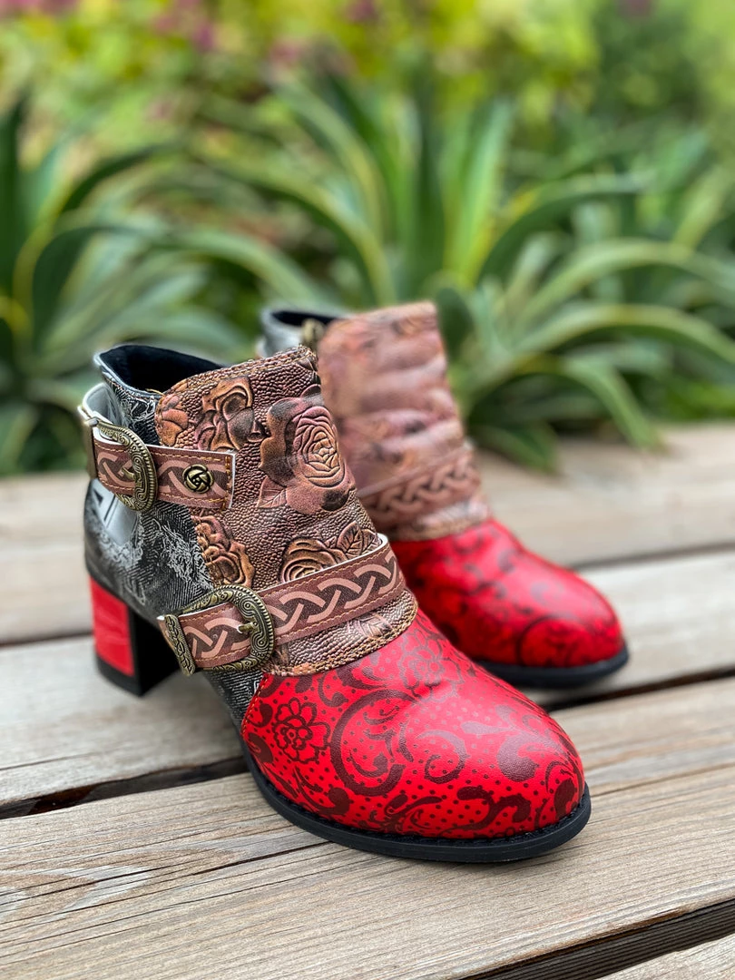 YL Embossed Triple-Flower Bootie Ankle Boots Heel Boots - En Bloom Shoes 9 YL Embossed Triple-Flower Bootie Ankle Boots Heel Boots - En Bloom Shoes