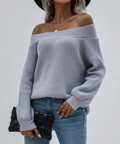 MY Smaibulun | Grey Bell-Sleeve Off-Shoulder Knit Sweater