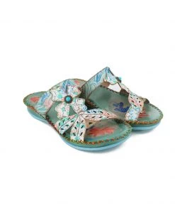 RXD SOFFIA | Genuine Leather Opal Deco Flower Cut Leather Sandals Slides - Green New In Shoes