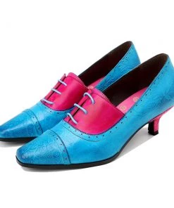 NEW ARRIVALS SOFFIA | Turquoise Floral Embossed Genuine Leather Kitten Heel Oxford Shoes