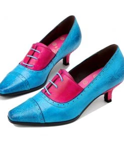 NEW ARRIVALS SOFFIA | Turquoise Floral Embossed Genuine Leather Kitten Heel Oxford Shoes