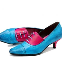 NEW ARRIVALS SOFFIA | Turquoise Floral Embossed Genuine Leather Kitten Heel Oxford Shoes