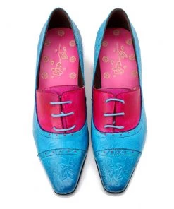 NEW ARRIVALS SOFFIA | Turquoise Floral Embossed Genuine Leather Kitten Heel Oxford Shoes