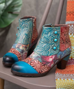 RXD NEW ARRIVALS SOFFIA | Turquoise Floral Frosted Leather Ankle Boots