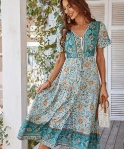 JF SOFFIA | Genuine Leather Pine Ring Toe Perforated Floral Sandals - Teal