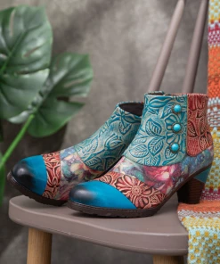 RXD NEW ARRIVALS SOFFIA | Turquoise Floral Frosted Leather Ankle Boots