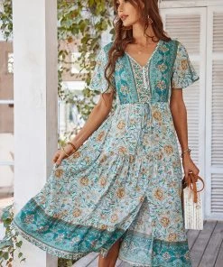 JF SOFFIA | Genuine Leather Pine Ring Toe Perforated Floral Sandals - Teal